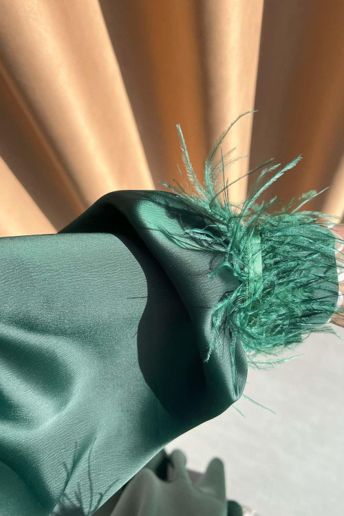 Sare Fashion Satin Dress with Feather Detail on Sleeves Emerald Green