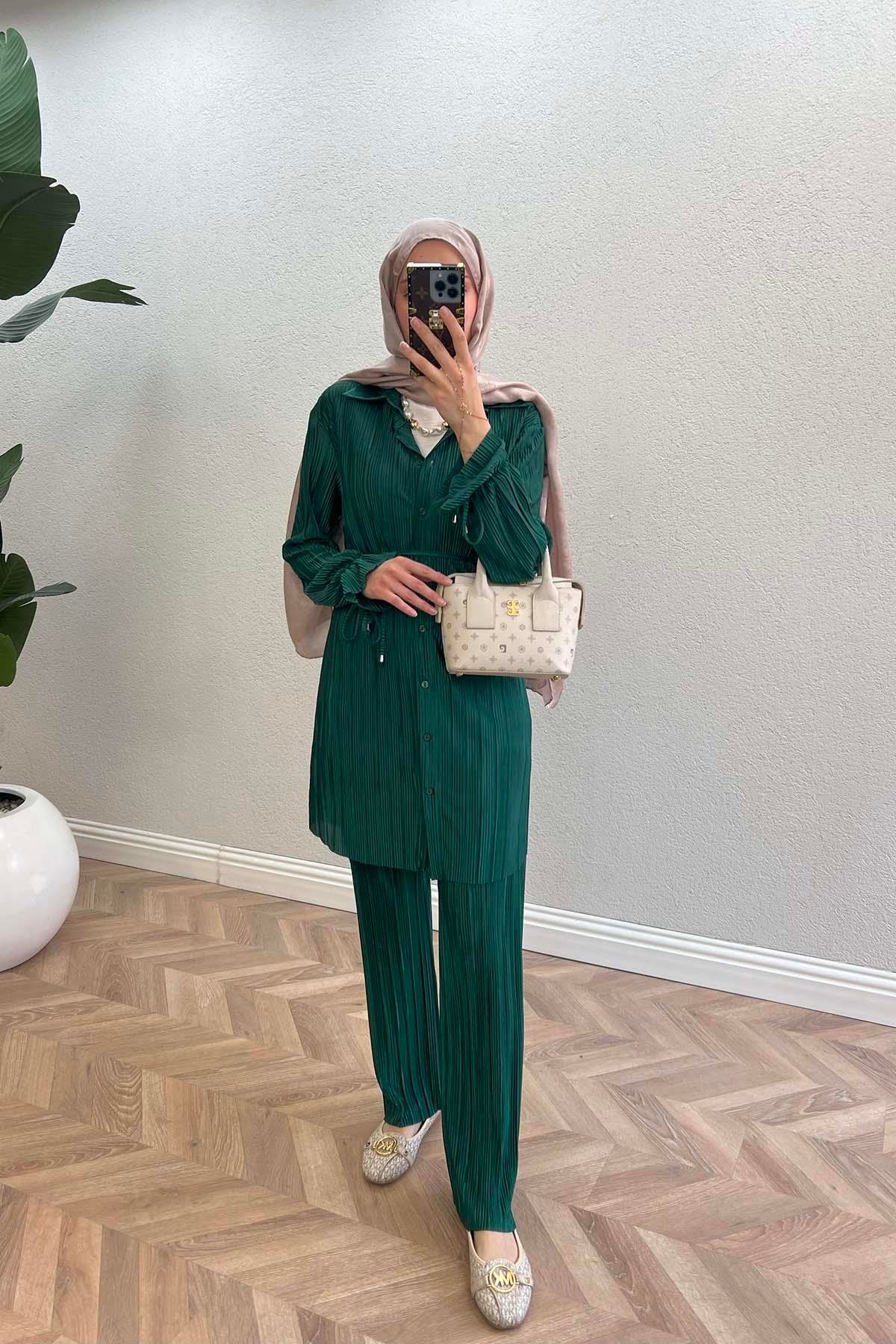 Sare Fashion Pleated Suit with Tied Sleeves and Waist Emerald Green