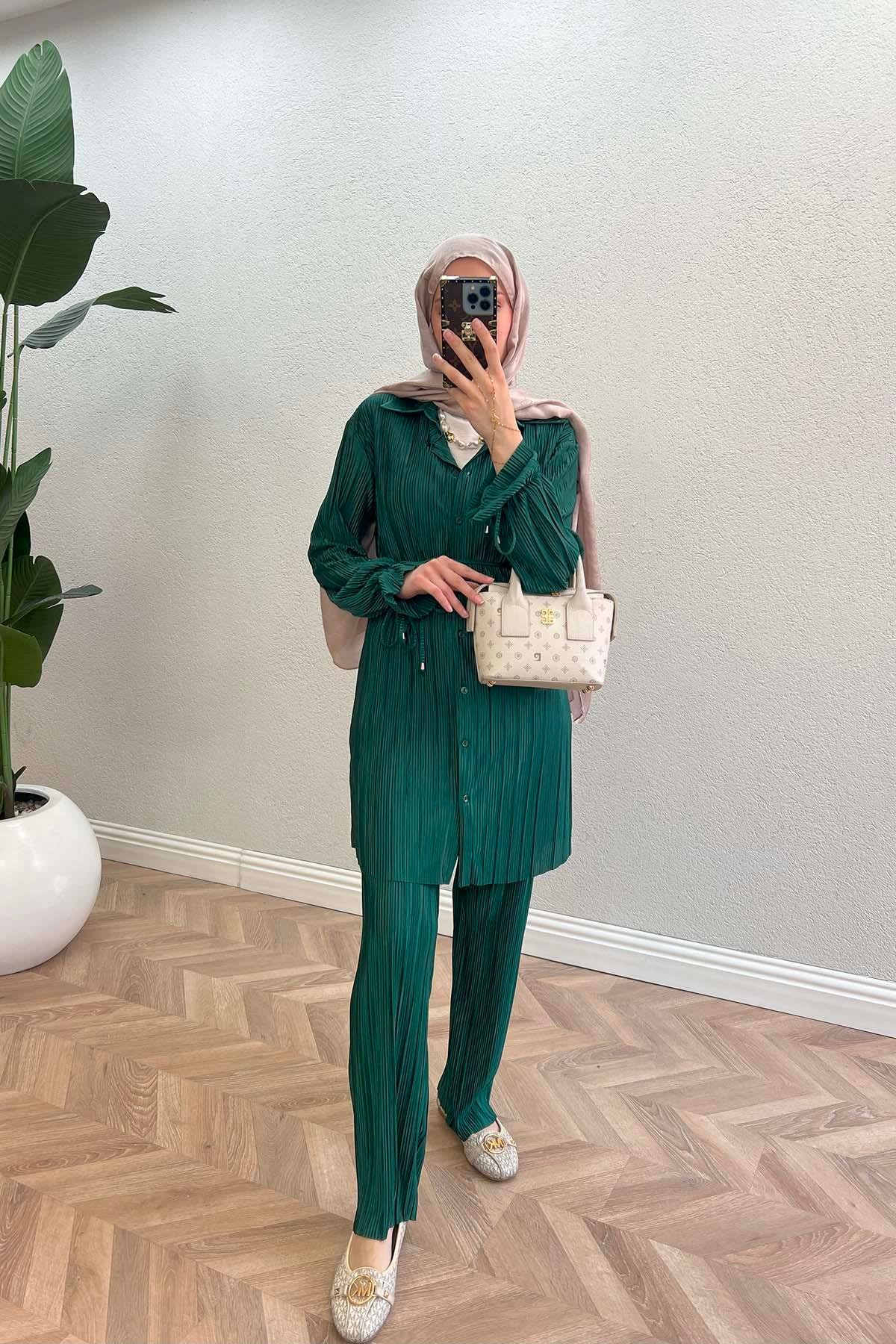 Sare Fashion Pleated Suit with Tied Sleeves and Waist Emerald Green
