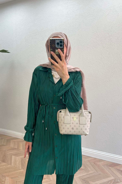 Sare Fashion Pleated Suit with Tied Sleeves and Waist Emerald Green