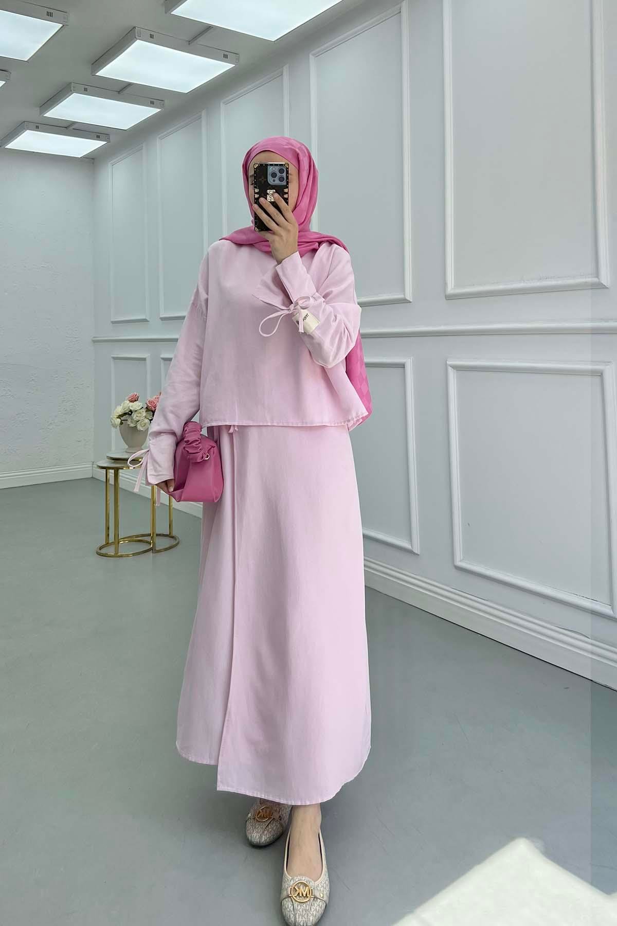 Sare Fashion Linen Suit with Sleeve Rope Detail and Skirt Pink