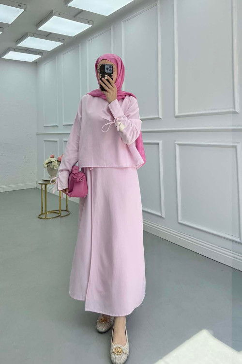 Sare Fashion Linen Suit with Sleeve Rope Detail and Skirt Pink