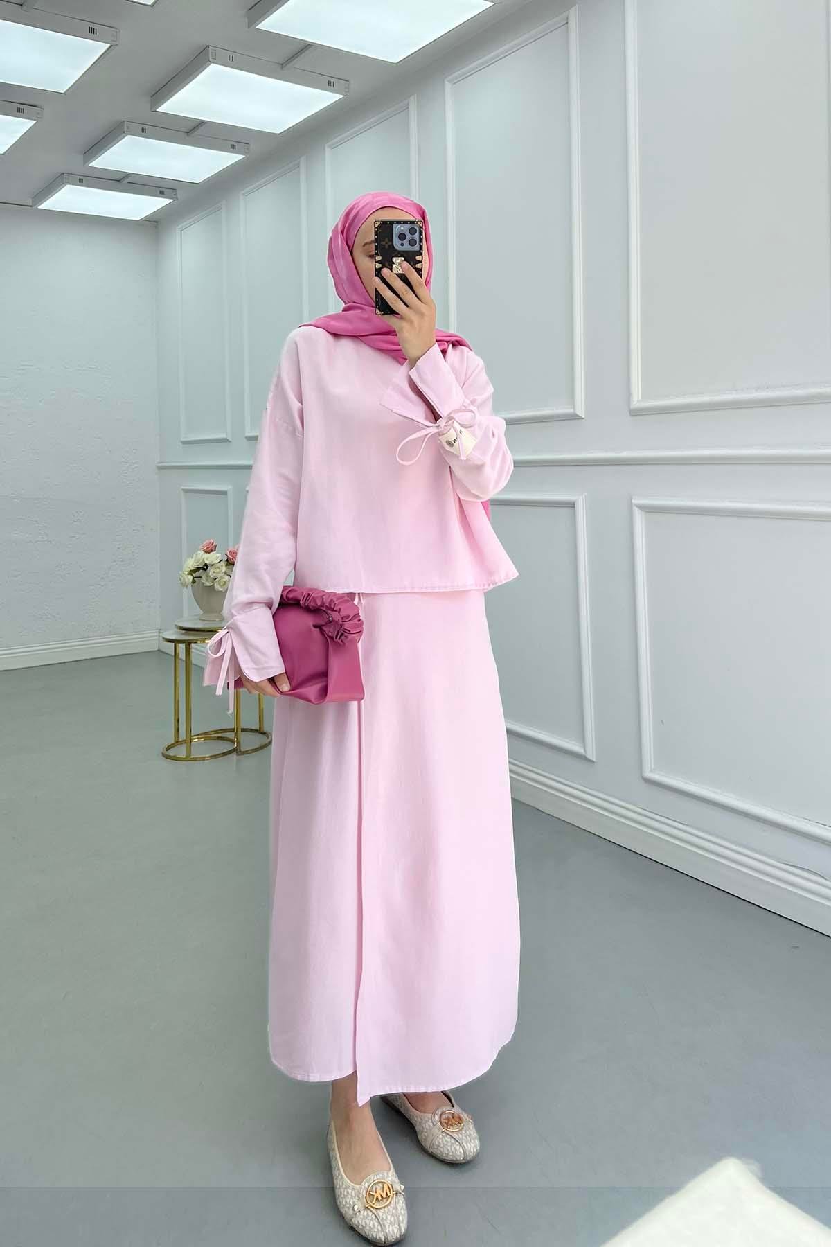 Sare Fashion Linen Suit with Sleeve Rope Detail and Skirt Pink
