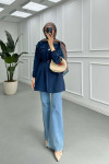 Sare Fashion Shirt with Elastic Sleeve and Removable Belt Navy Blue