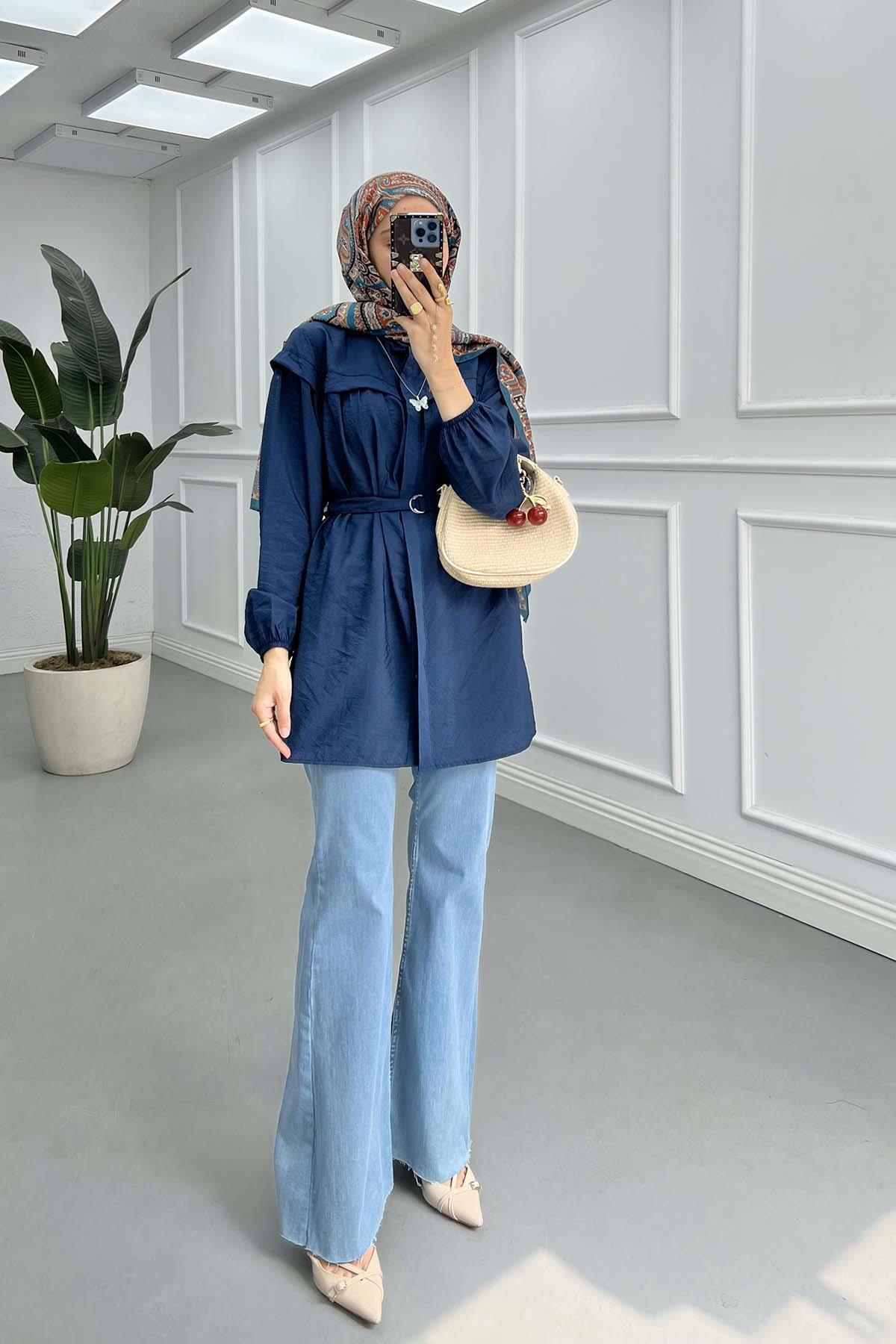 Sare Fashion Shirt with Elastic Sleeve and Removable Belt Navy Blue