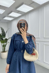 Sare Fashion Shirt with Elastic Sleeve and Removable Belt Navy Blue