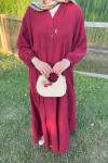 Sare Fashion Half Button Dress with Elastic Sleeves, Claret Red