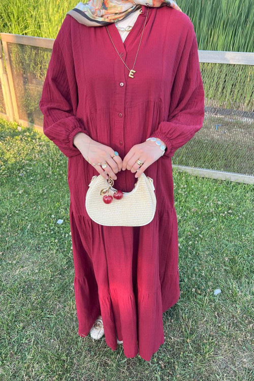 Sare Fashion Half Button Dress with Elastic Sleeves, Claret Red