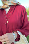 Sare Fashion Half Button Dress with Elastic Sleeves, Claret Red
