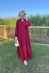 Sare Fashion Half Button Dress with Elastic Sleeves, Claret Red