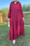 Sare Fashion Half Button Dress with Elastic Sleeves, Claret Red