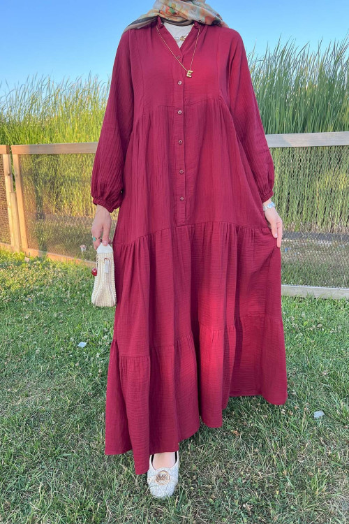 Sare Fashion Half Button Dress with Elastic Sleeves, Claret Red