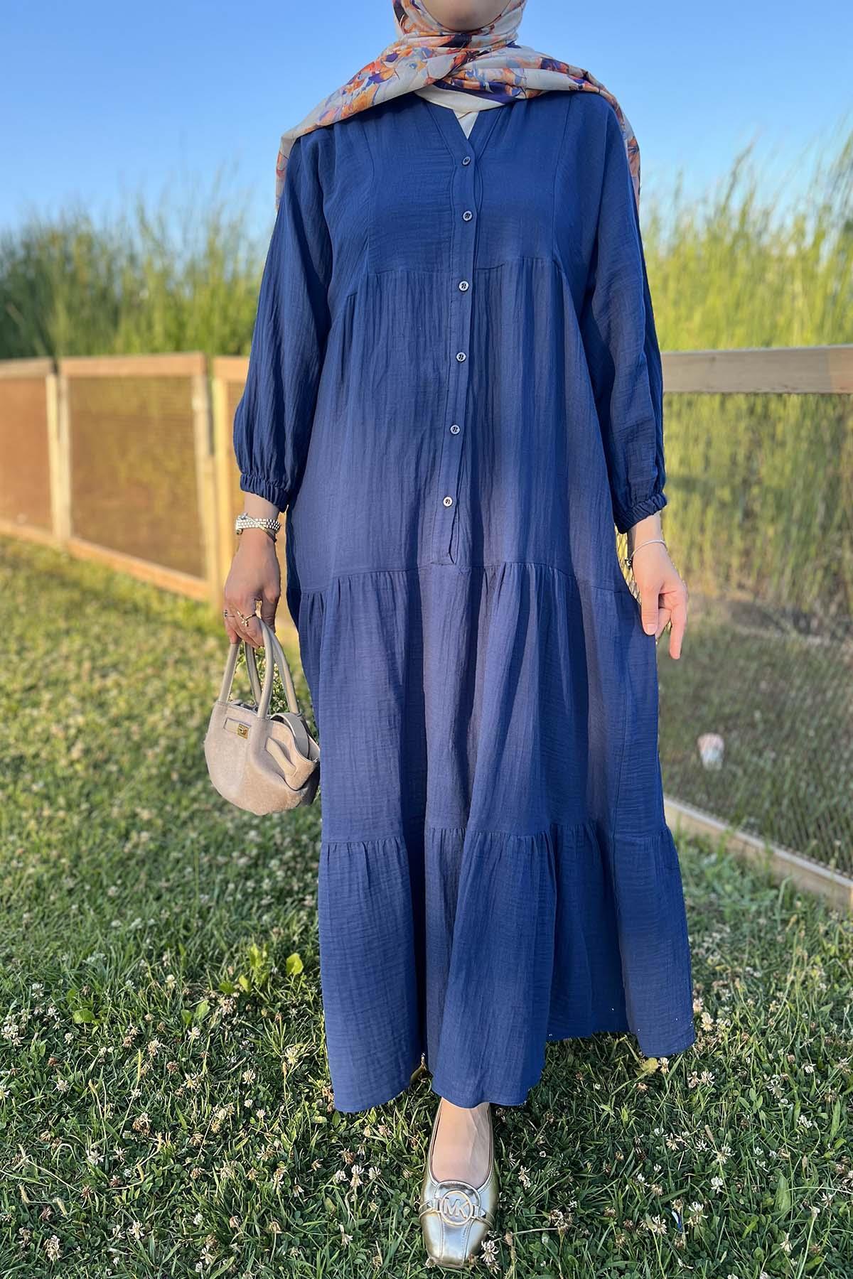 Sare Fashion Half Button Dress with Elastic Sleeves Indigo