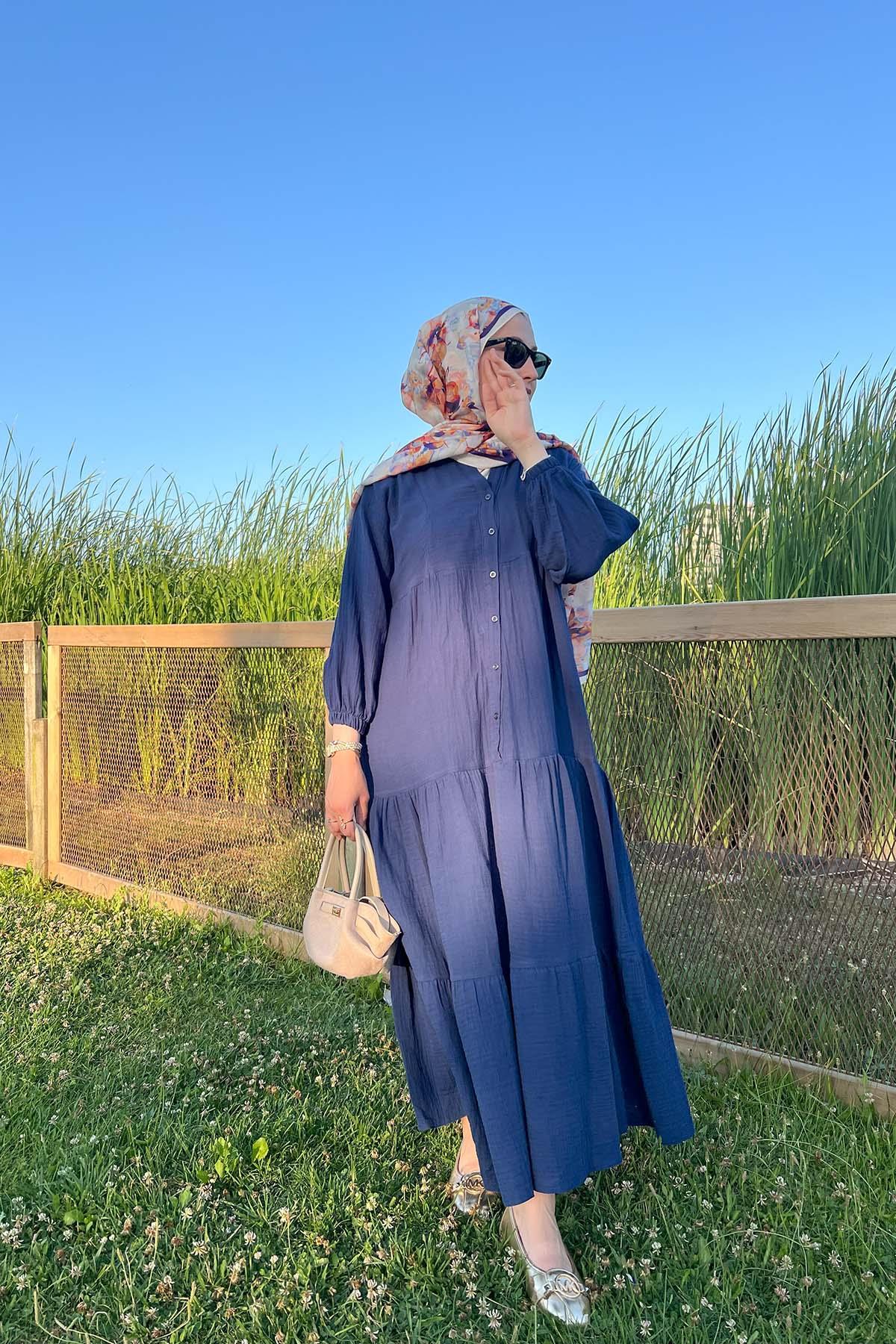 Sare Fashion Half Button Dress with Elastic Sleeves Indigo