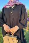 Sare Fashion Half Button Dress with Elastic Sleeves Black