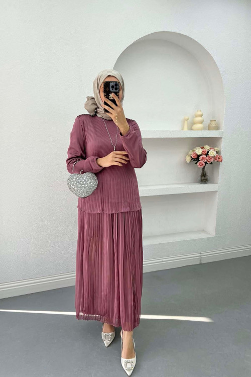 Pleated Skirt Set with Necklace Dusty Rose
