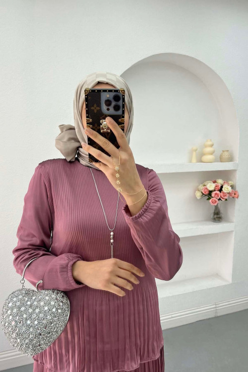 Pleated Skirt Set with Necklace Dusty Rose