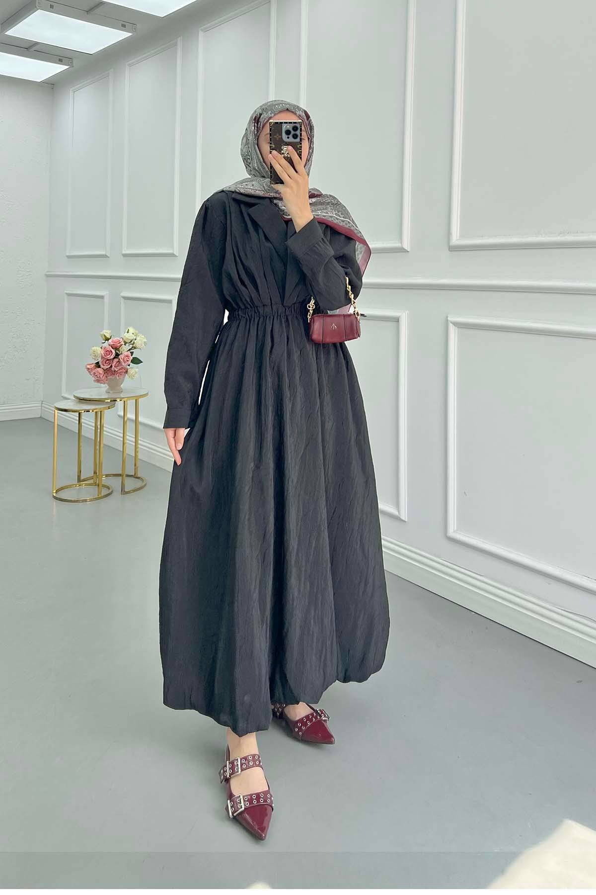 Sare Fashion Double Breasted Collar Knee Length Skirt Balloon Dress Black