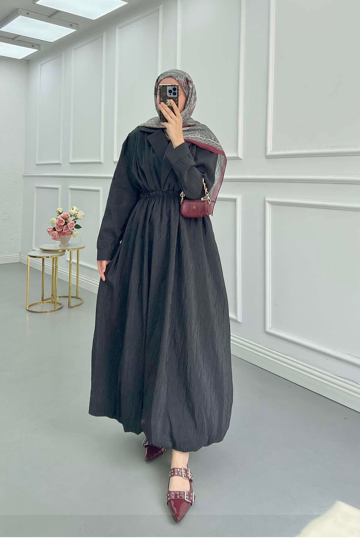 Sare Fashion Double Breasted Collar Knee Length Skirt Balloon Dress Black