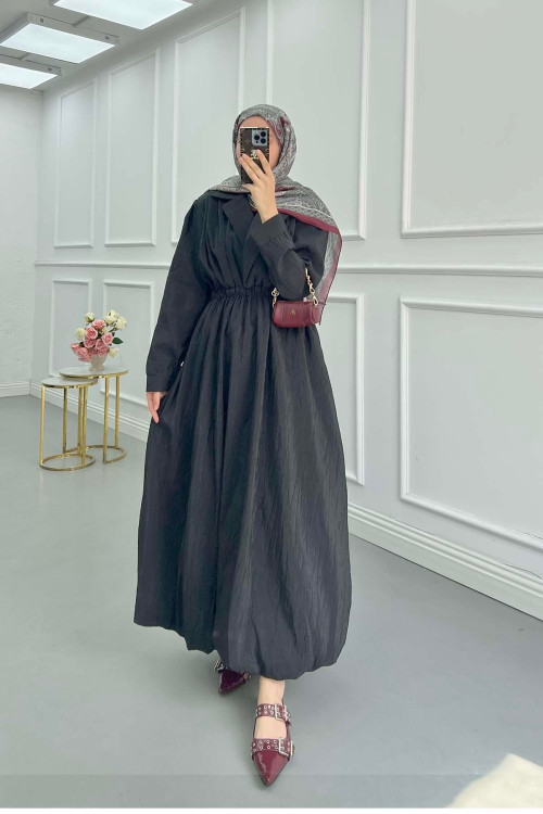 Sare Fashion Double Breasted Collar Knee Length Skirt Balloon Dress Black