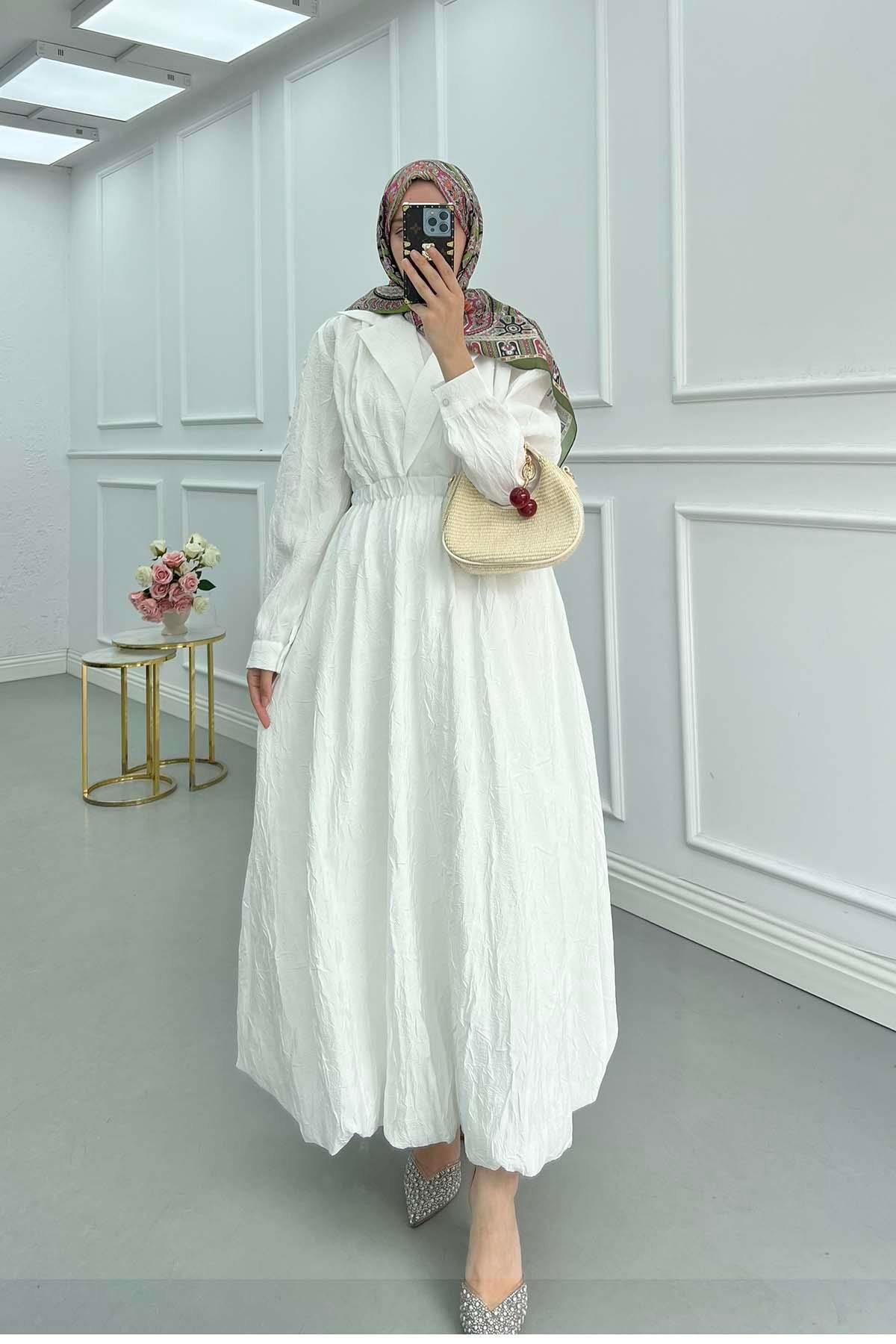 Sare Fashion Double Breasted Collar Knee Length Hem Balloon Dress White