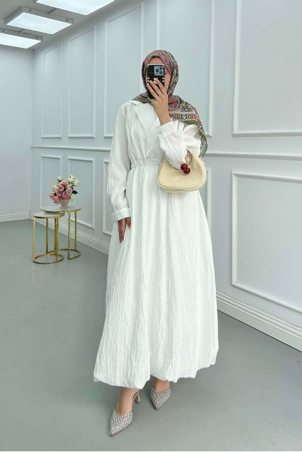 Sare Fashion Double Breasted Collar Knee Length Hem Balloon Dress White