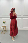 Small Stone Pleated Skirt Claret Red