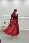 Small Stone Pleated Skirt Claret Red