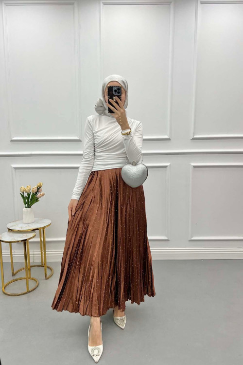Small Stone Pleated Skirt Brown