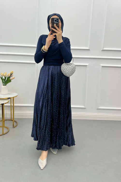 Pleated Skirt with Small Stones Navy Blue