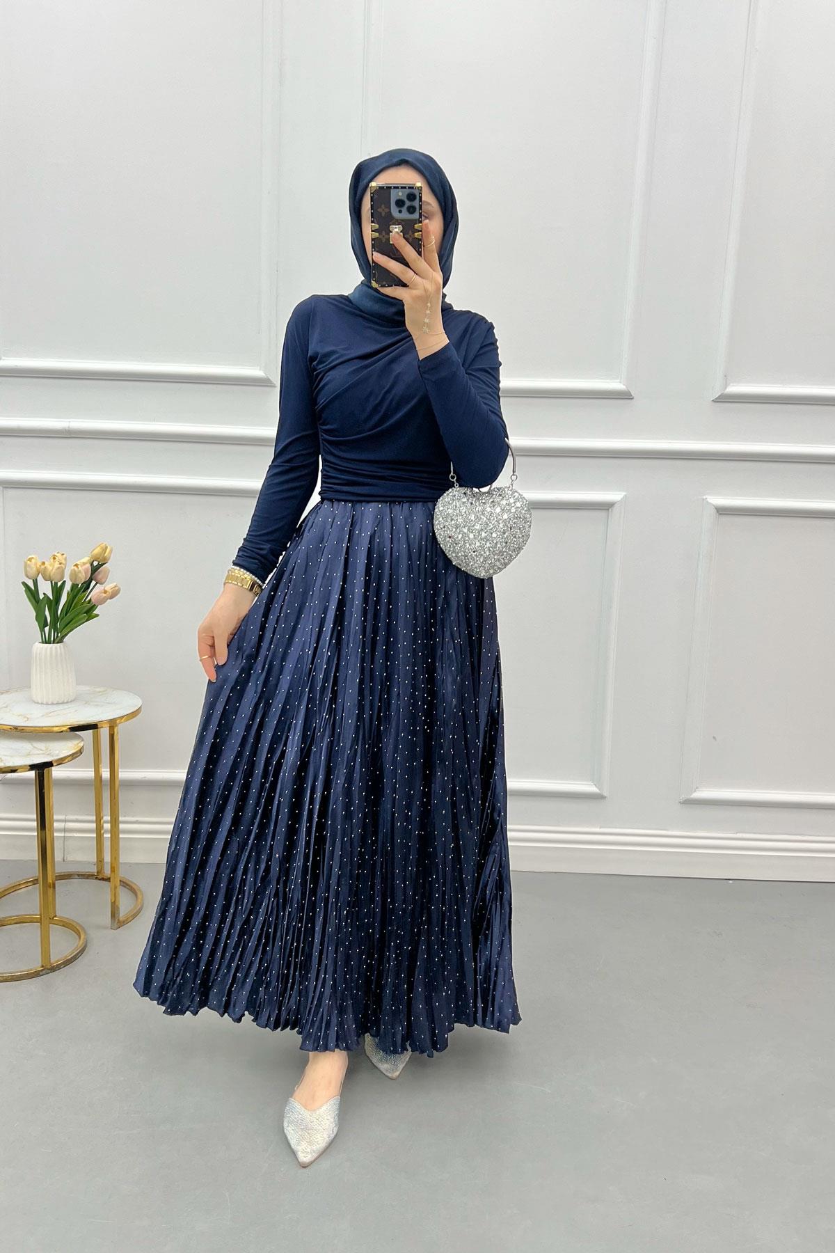 Pleated Skirt with Small Stones Navy Blue