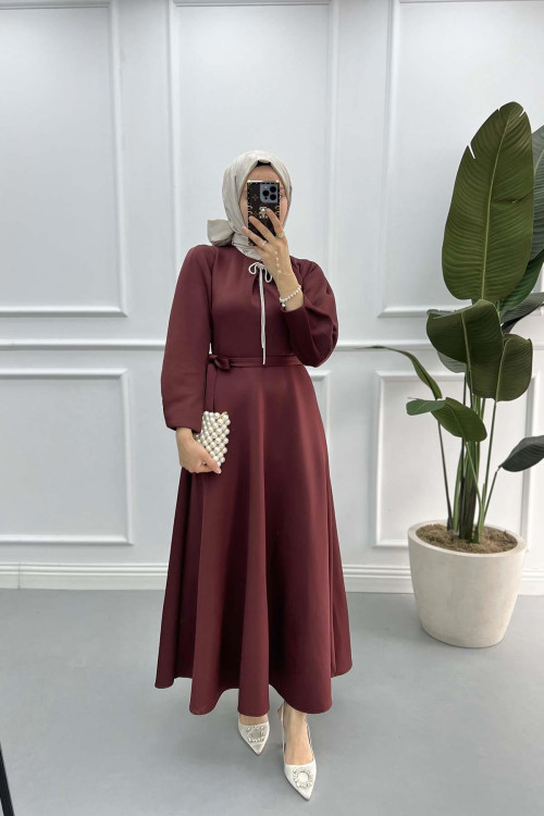 Ribbon Brooch Scuba Dress Claret Red