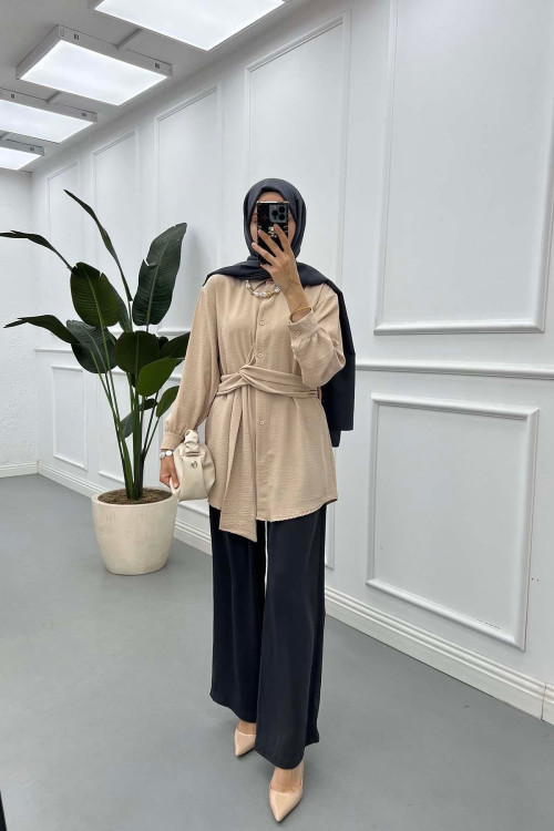 Sare Fashion Aerobin Shirt Beige with Belt Detail