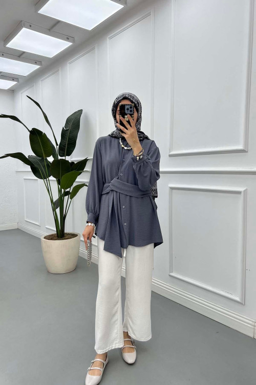 Sare Fashion Aerobin Shirt Gray with Belt Detail