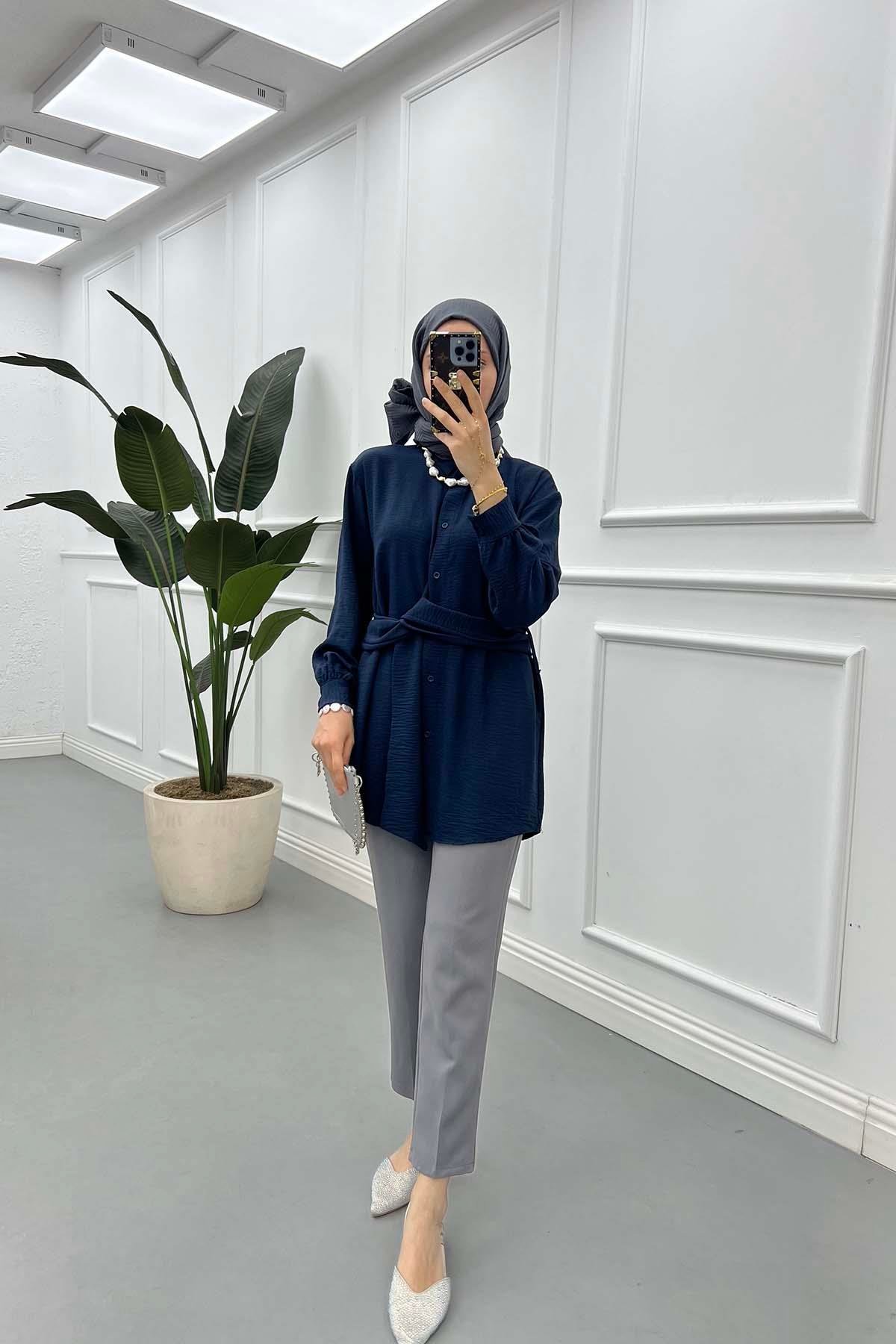 Sare Fashion Aerobin Shirt Navy Blue with Belt Detail