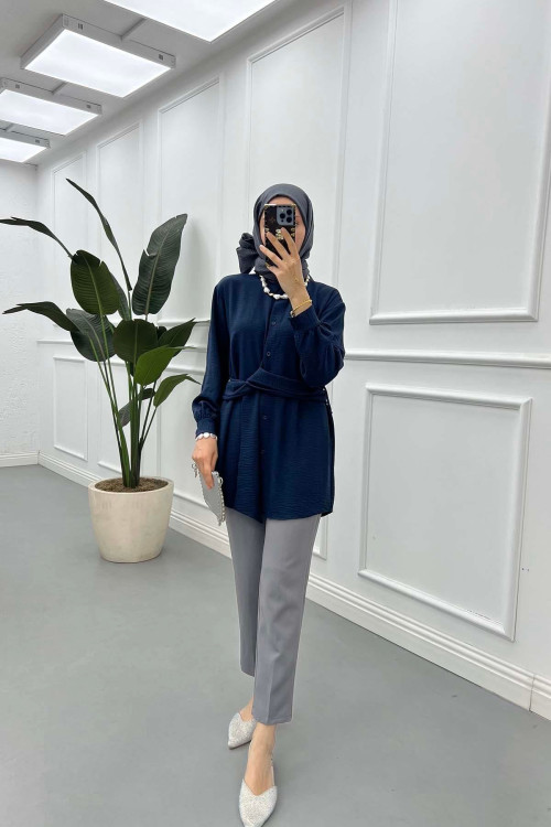 Sare Fashion Aerobin Shirt Navy Blue with Belt Detail