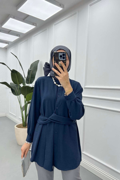 Sare Fashion Aerobin Shirt Navy Blue with Belt Detail