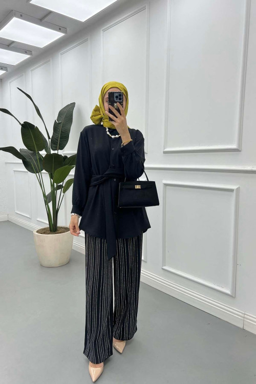 Sare Fashion Aerobin Shirt Black with Belt Detail