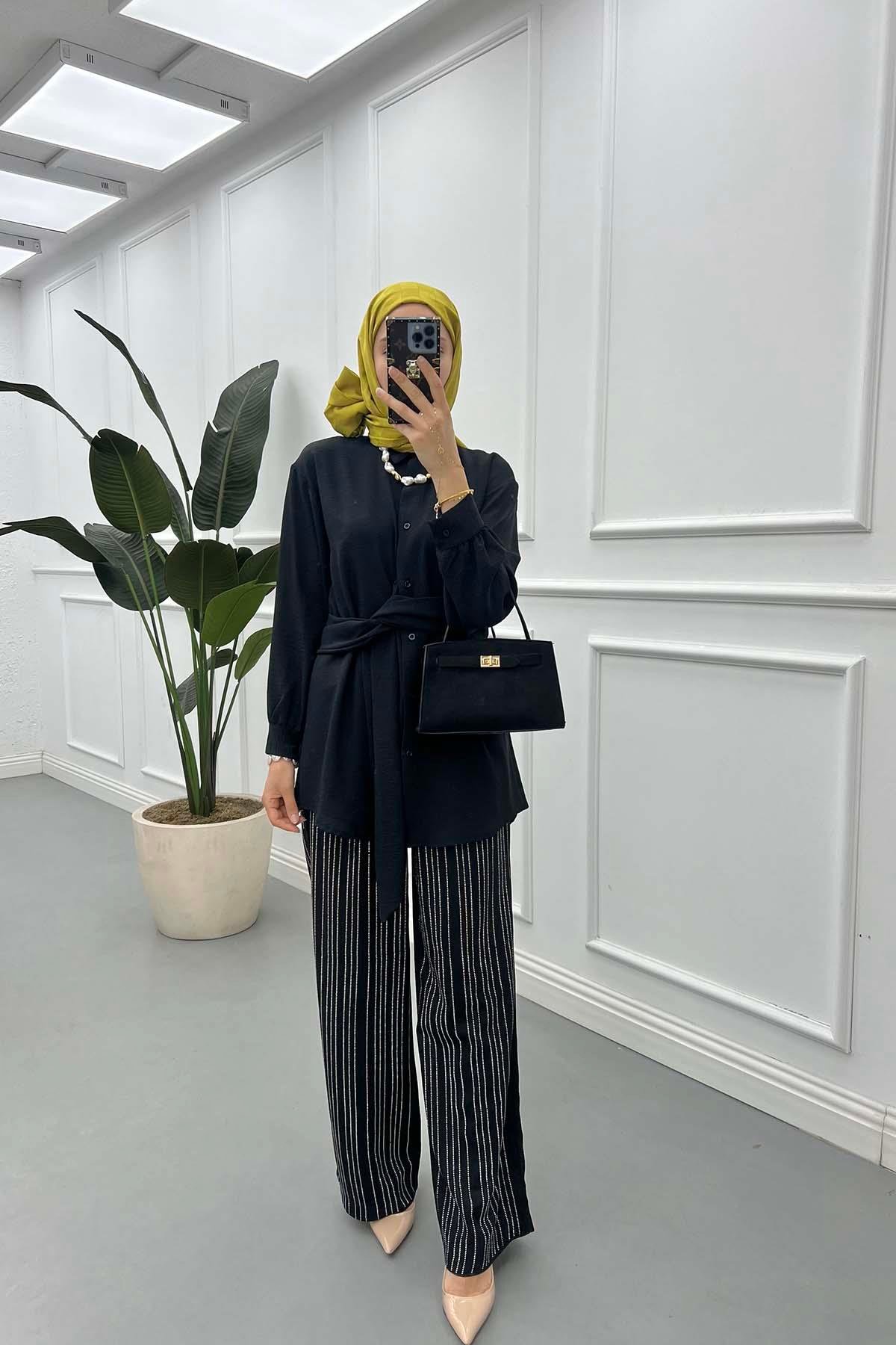 Sare Fashion Aerobin Shirt Black with Belt Detail