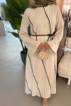 Sare Fashion Beige Linen Dress with Sash Detail and Piping