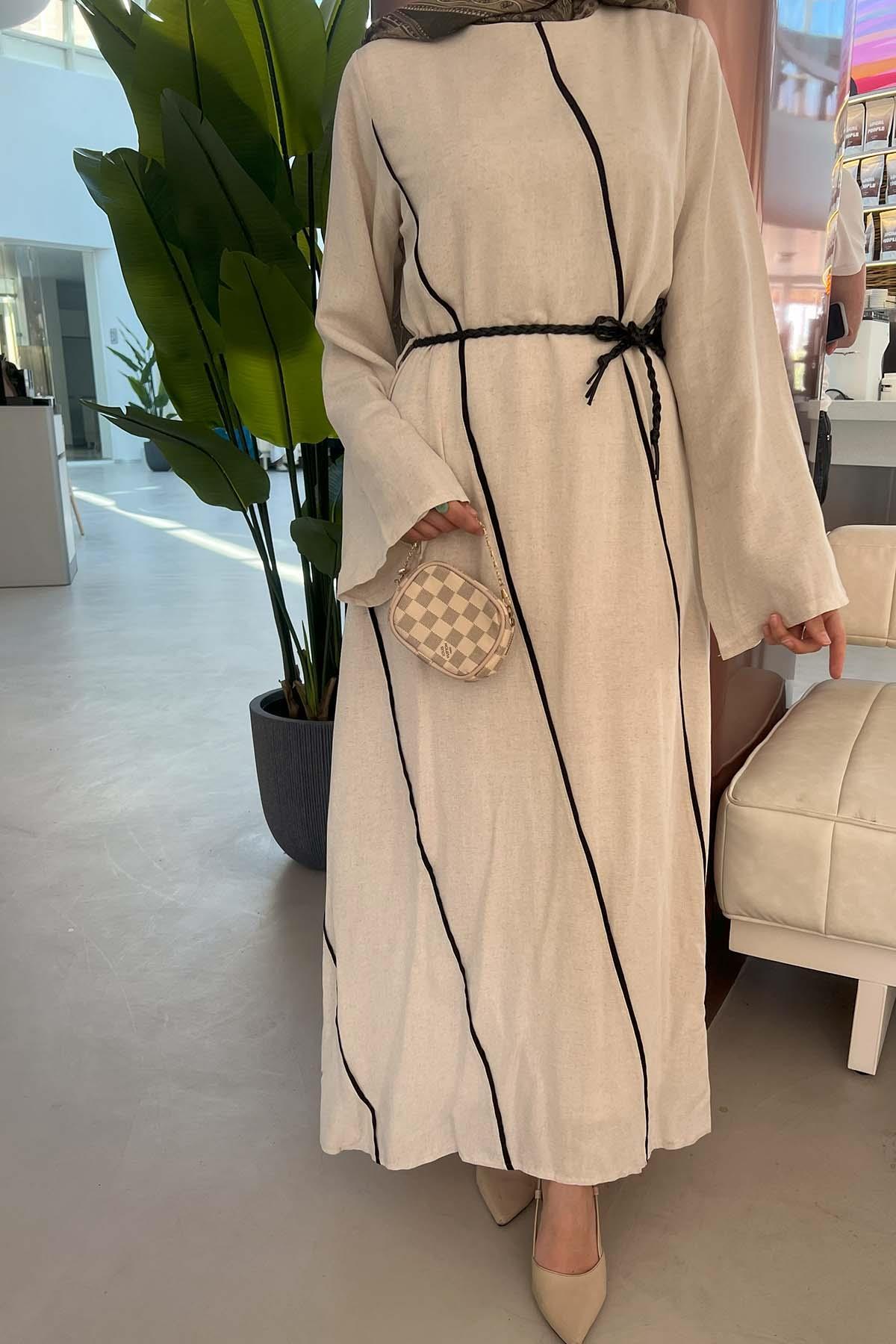 Sare Fashion Beige Linen Dress with Sash Detail and Piping