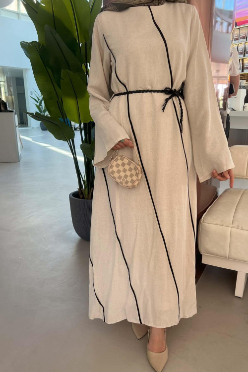 Sare Fashion Beige Linen Dress with Sash Detail and Piping