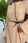 Sare Fashion Beige Linen Dress with Sash Detail and Piping