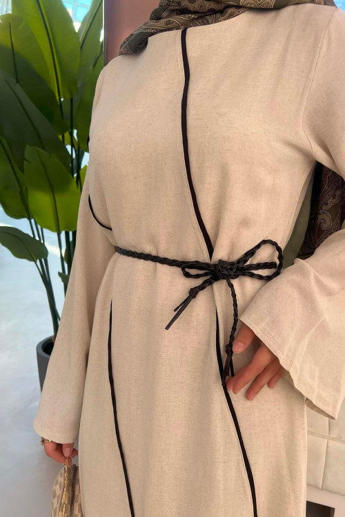 Sare Fashion Beige Linen Dress with Sash Detail and Piping