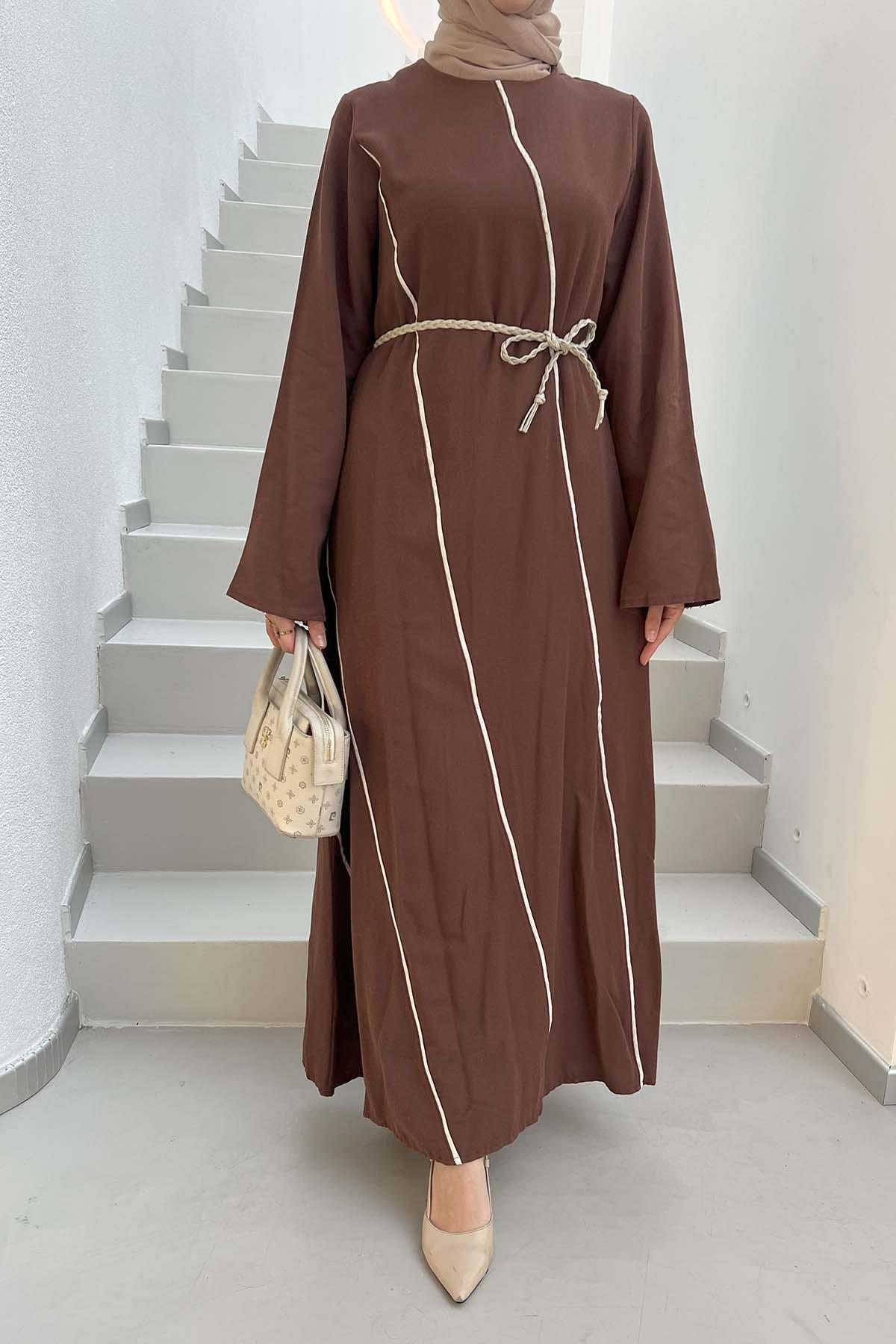 Sare Fashion Linen Dress with Belt Detail and Piping, Brown
