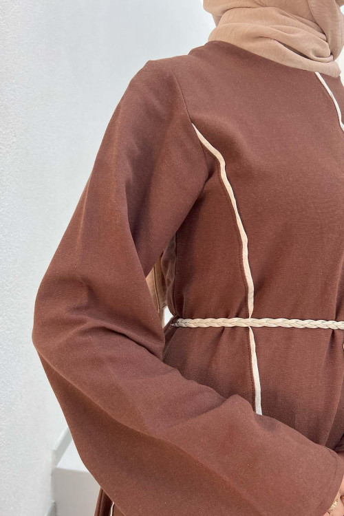 Sare Fashion Linen Dress with Belt Detail and Piping, Brown