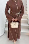 Sare Fashion Linen Dress with Belt Detail and Piping, Brown