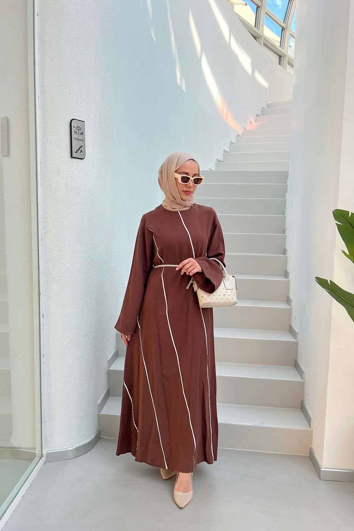 Sare Fashion Linen Dress with Belt Detail and Piping, Brown