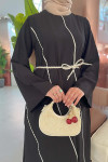 Sare Fashion Black Linen Dress with Sash Detail and Piping