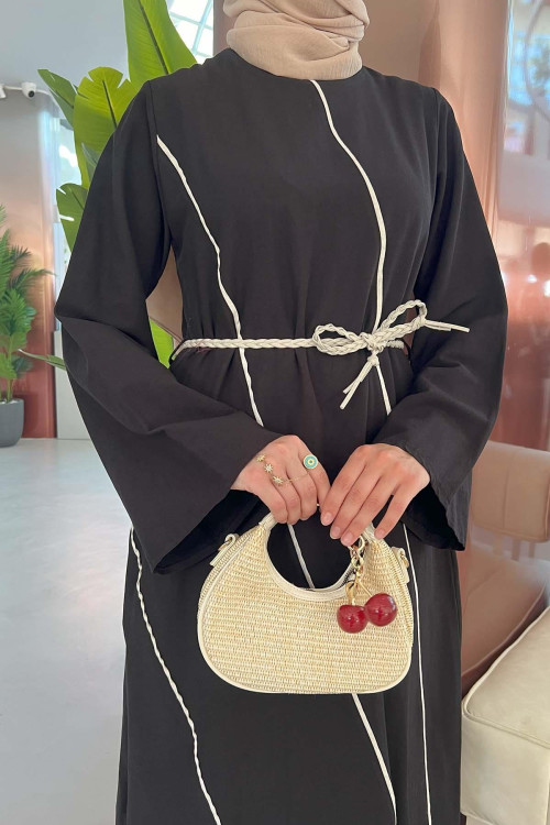 Sare Fashion Black Linen Dress with Sash Detail and Piping